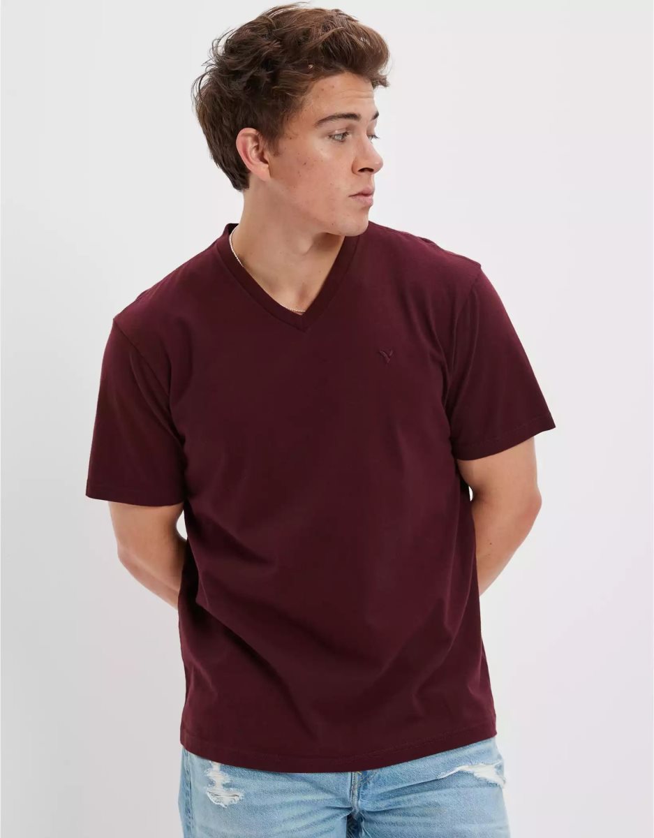 T Shirts American Eagle AE Super Soft Legend V-Neck Bordeaux Homme | EPW-46216862